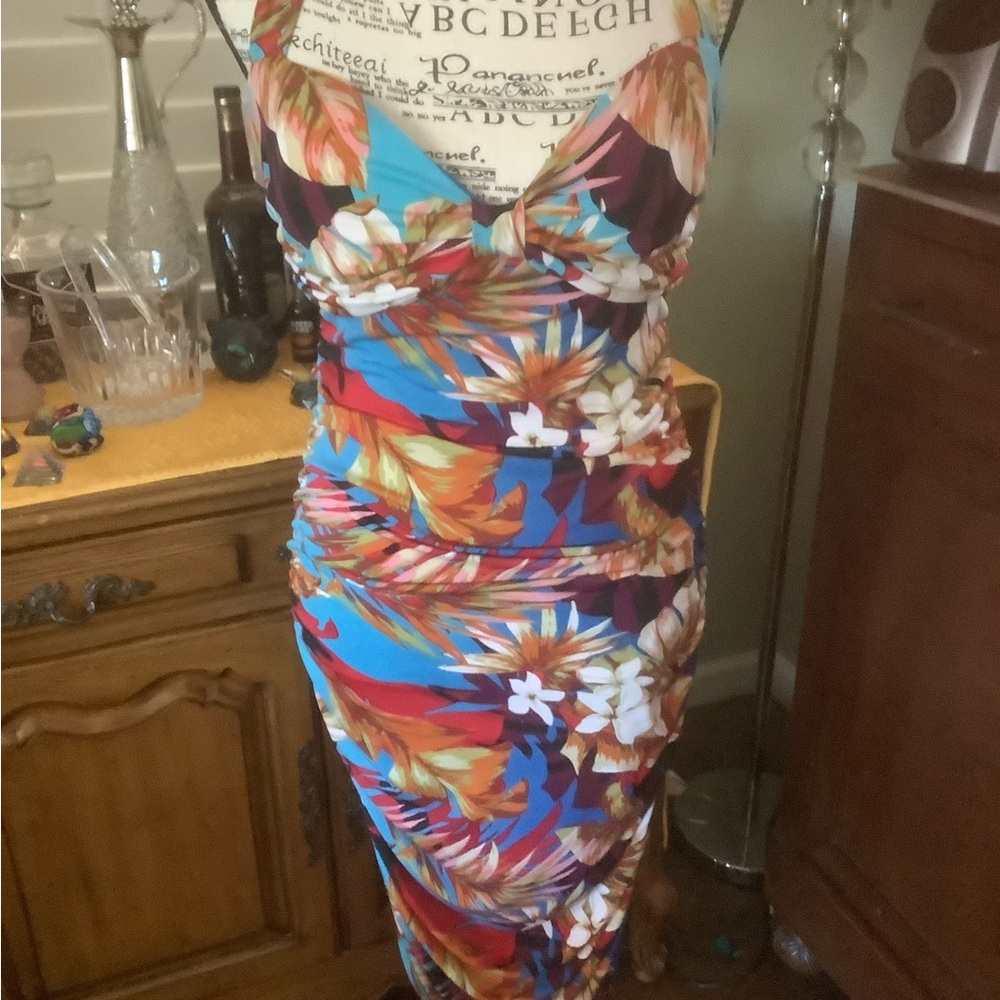 Tropical Floral Ruched Midi Dress - Blue / Multi